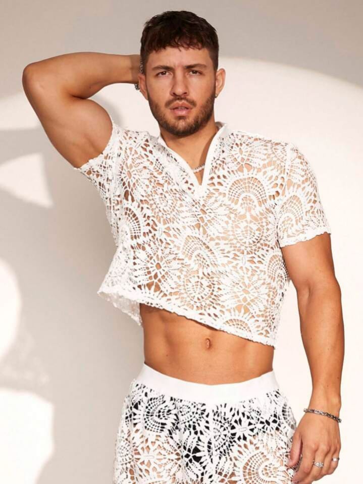 NIGHT-RIDER Men's Water Soluble Lace Short Sleeve Polo Sleepwear